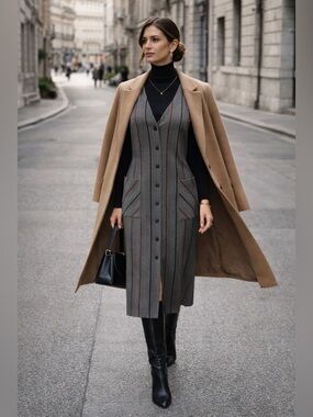 Vintage St Michael UK Button Front Midi Dress Gray Stripe Sleeveless Pockets